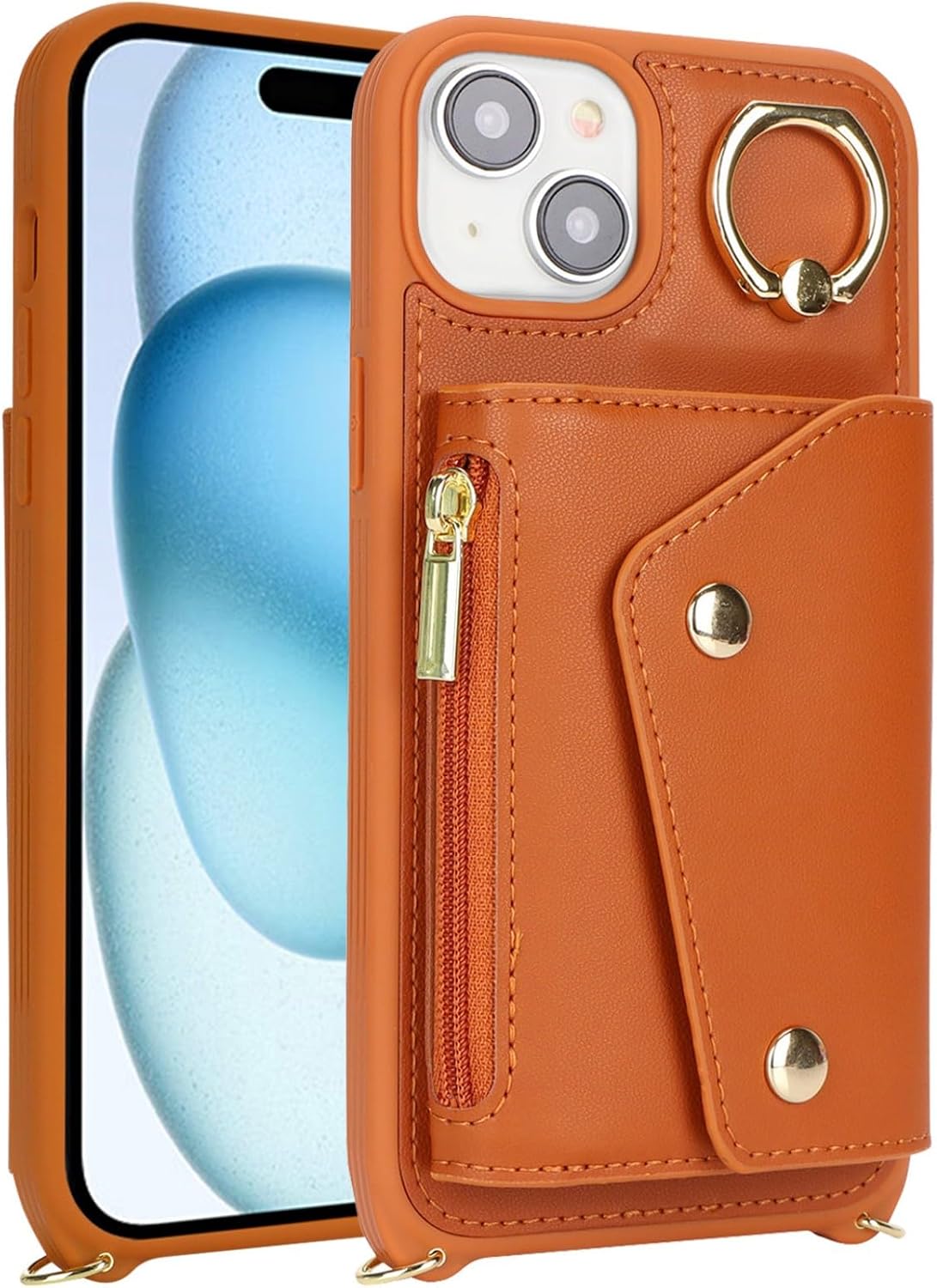 Detalle de Zouzt iPhone 15 Plus Case with Card Holder, Zipper Wallet & Strap – PU Leather Brown