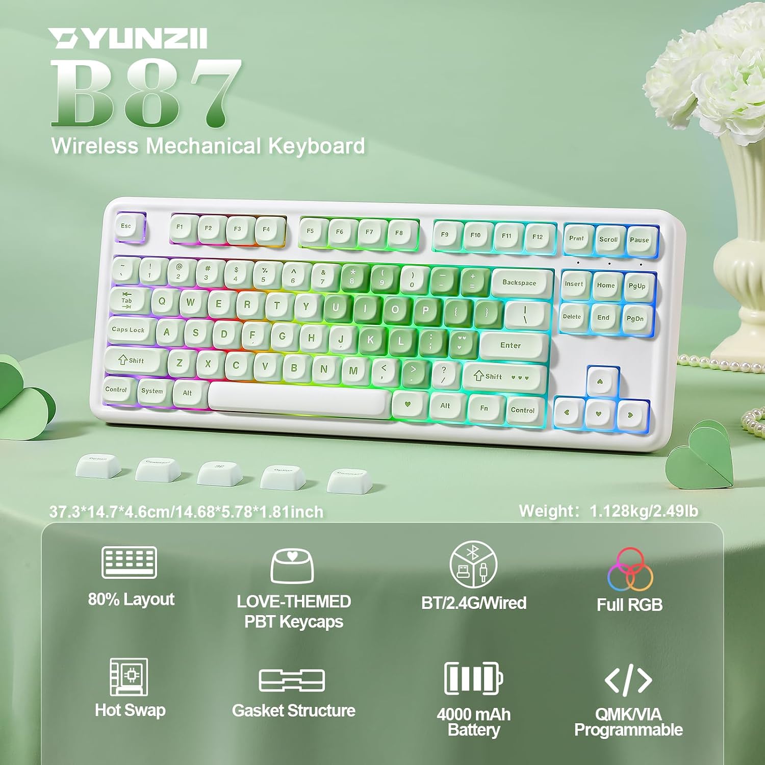 Detalle 2 de YUNZII B87 Wireless Mechanical Keyboard: 87 Keys, Tri-Mode Connectivity, Hot-Swap, QMK/VIA