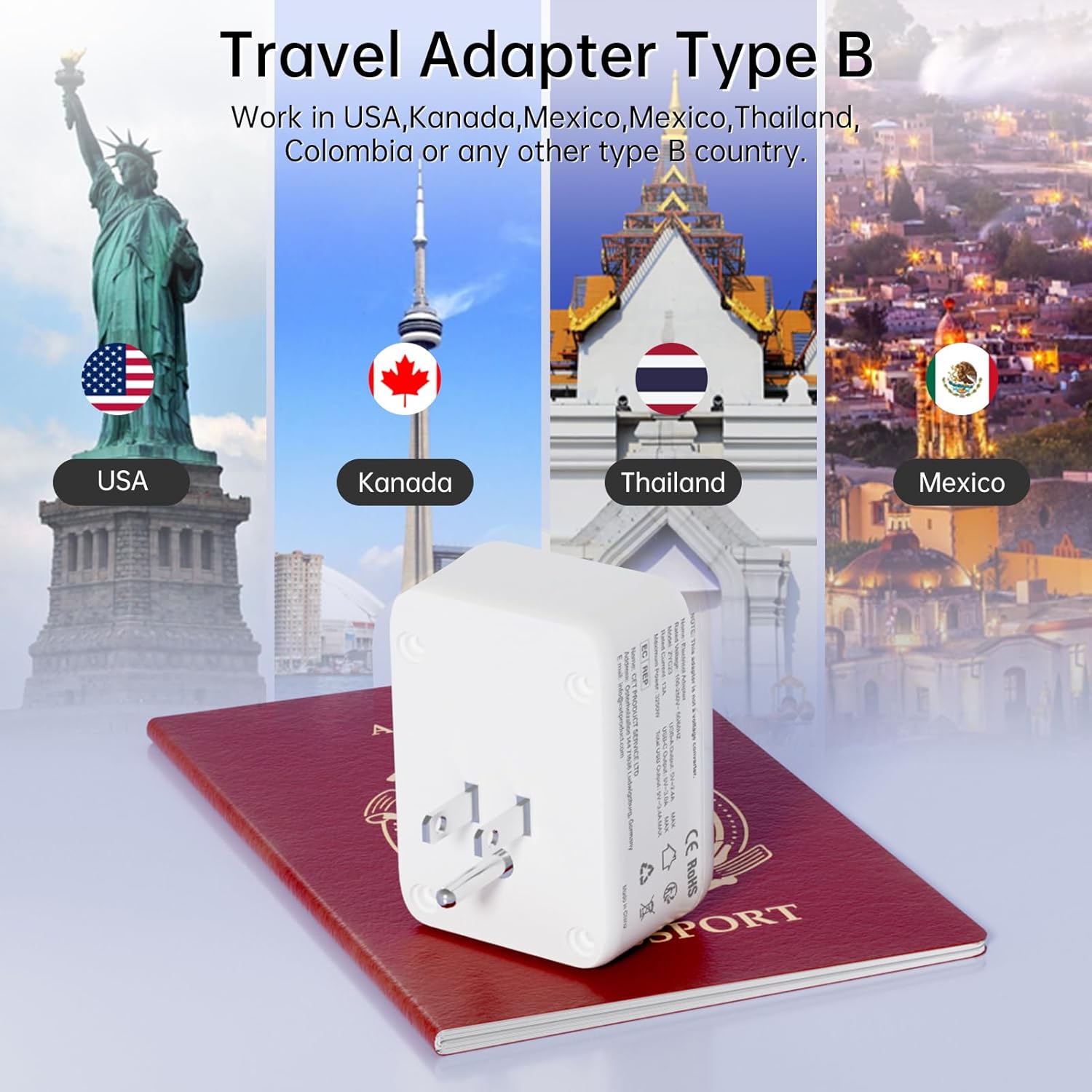 Thumbnail 1 de USA-Reiseadapter Typ B von Amerika auf Deutschland/Europa mit 2× USB-A und 1× USB-C (bis 3A) – 4-in-1 Steckdosenadapter