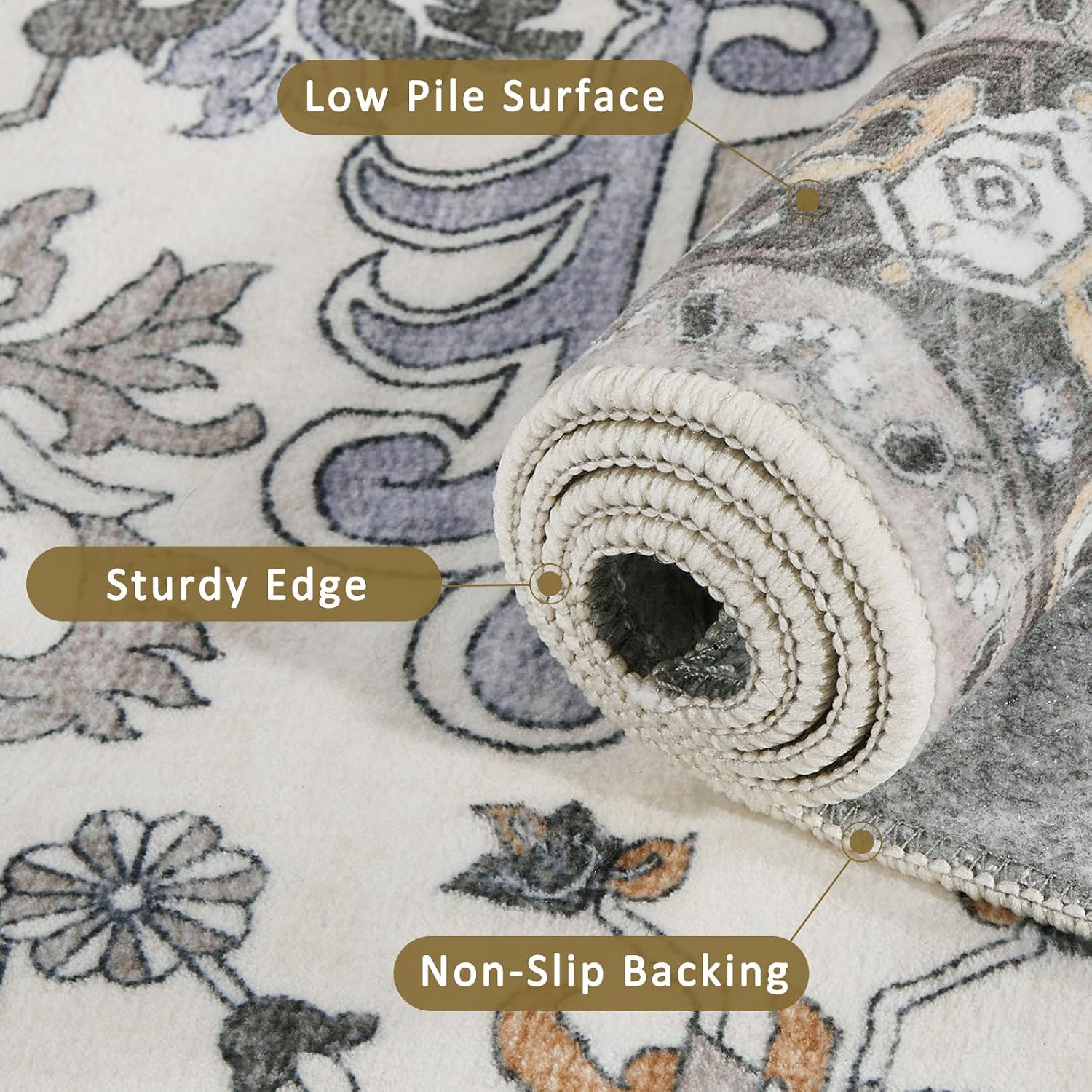 Detalle 1 de WEZVIX 6' x 9' Vintage Area Rug, Low-Pile Taupe with Rubber Backing