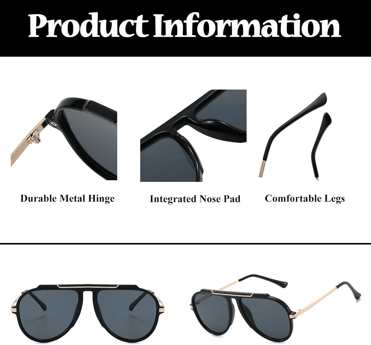 Detalle de LJCZKA Oversized Pilot Sunglasses – Gold Metal Frame, UV400 Protection