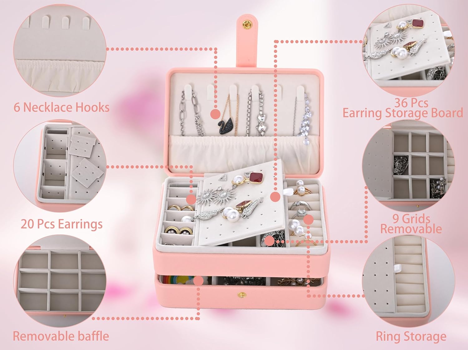 Thumbnail 1 de Jewelry Box: 3-Layer Leather Jewellery Storage Box – Small Travel Organisation (Pink)