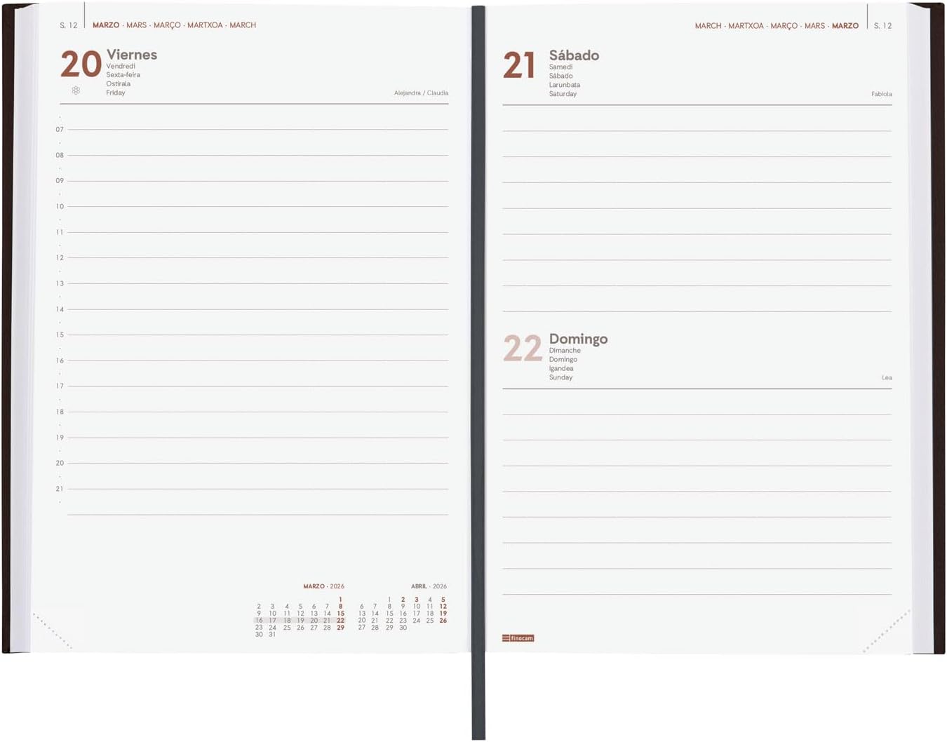 Detalle 2 de Finocam Agenda 2026 1 jour par page 12 mois