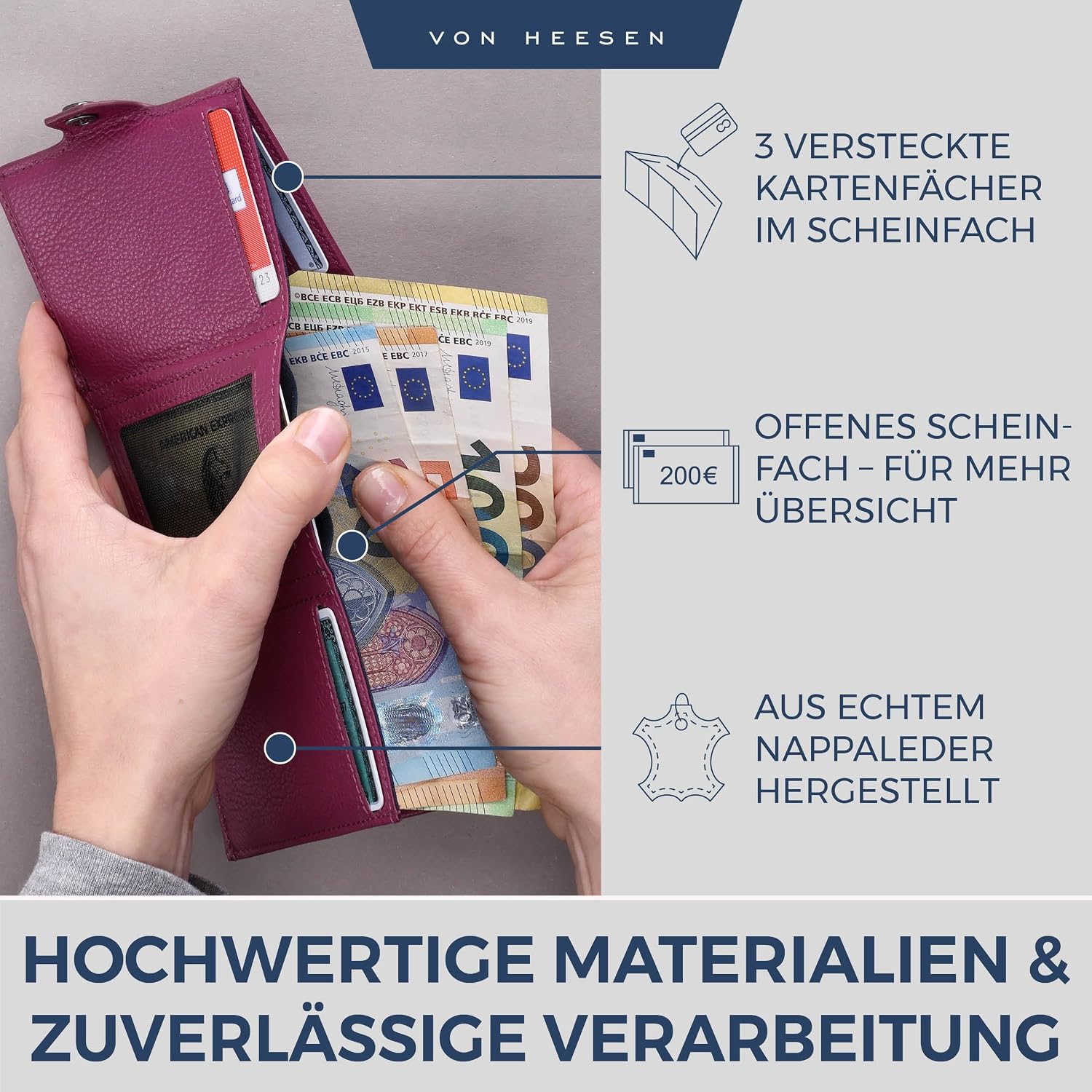 Detalle de VON HEESEN Slim Wallet mit XL Münzfach & RFID-Schutz – kleine Portemonnaie/ Kartenetui (Pink)