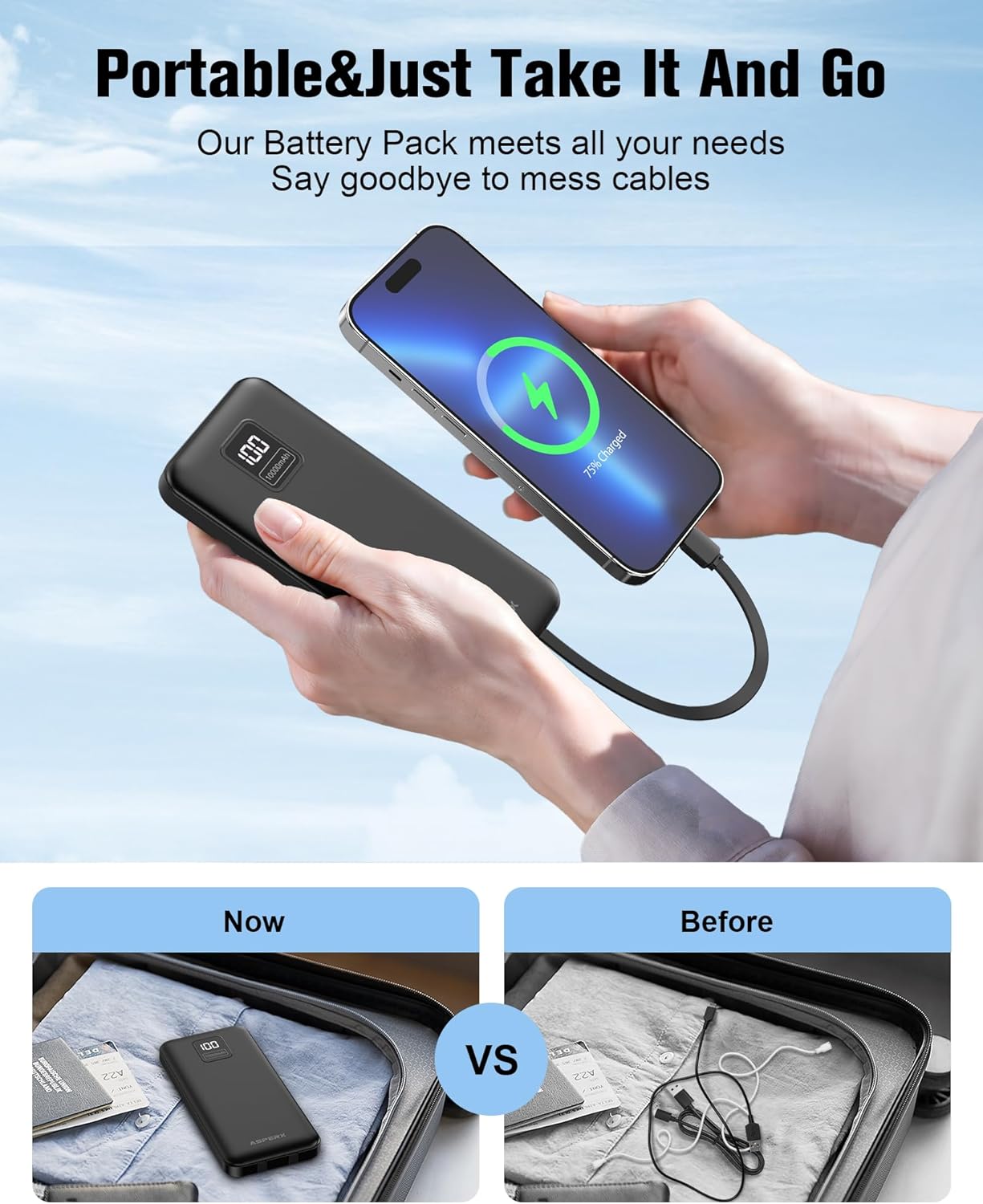 Thumbnail 2 de AsperX 10000mAh power bank with built‑in cables
