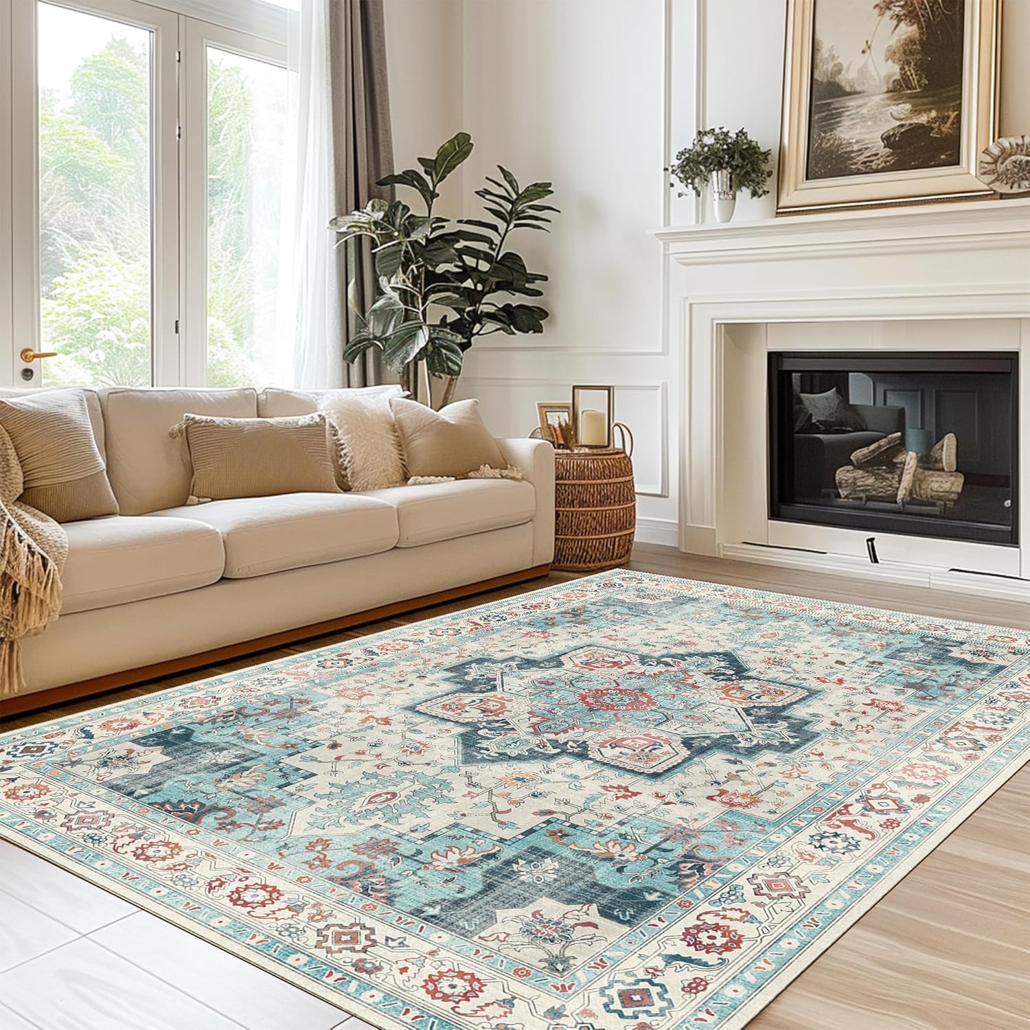 Detalle 2 de GENIMO 8x10 Turquoise & White Area Rug — Non-Slip, Machine Washable, Low-Pile Vintage Print for Living Room