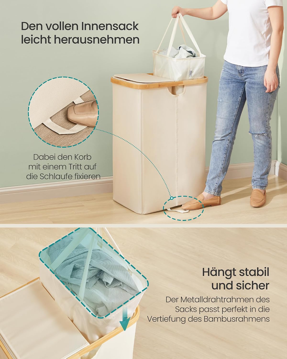 Detalle de SONGMICS Wäschekorb mit 2 Fächern und Deckel (150 Liter) LCB523W01 – Wäschesortierer für zwei Säcke