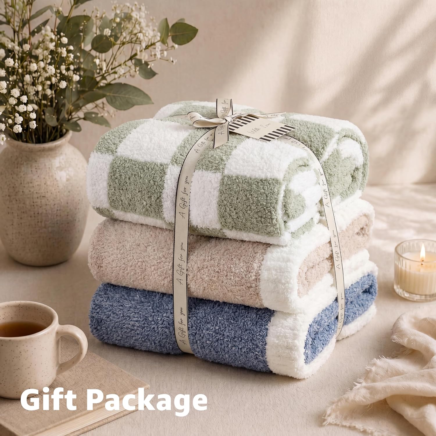 Thumbnail 6 de WRENSONGE Checkered Throw Blanket in Sage Green — soft cozy fluffy hand-made style for couch, bed, travel
