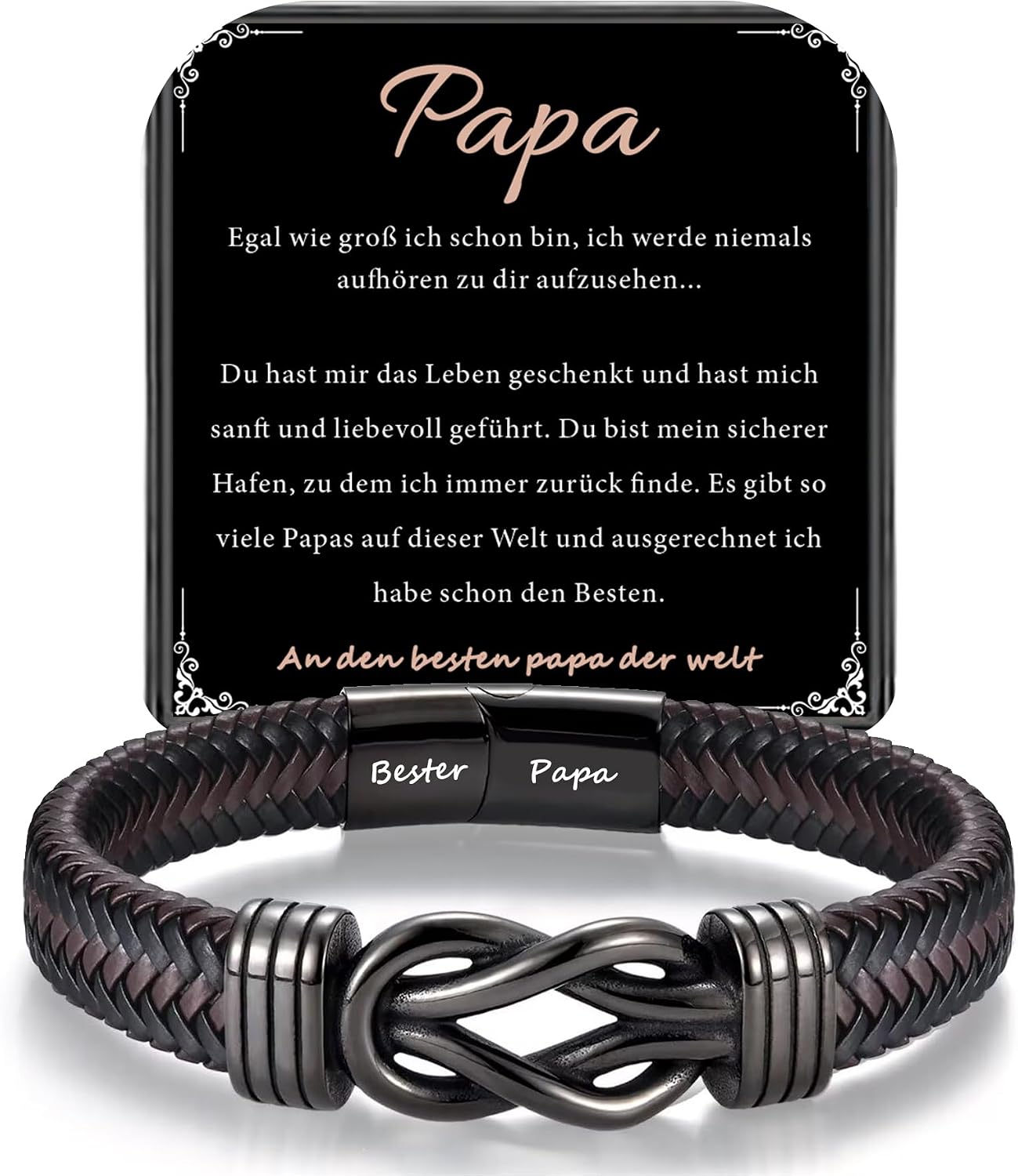 Detalle de HAYOUWAY Lederarmband für Herren „Ich Liebe…“ mit Gravur – geflochtenes Infinity-Design als Geschenk