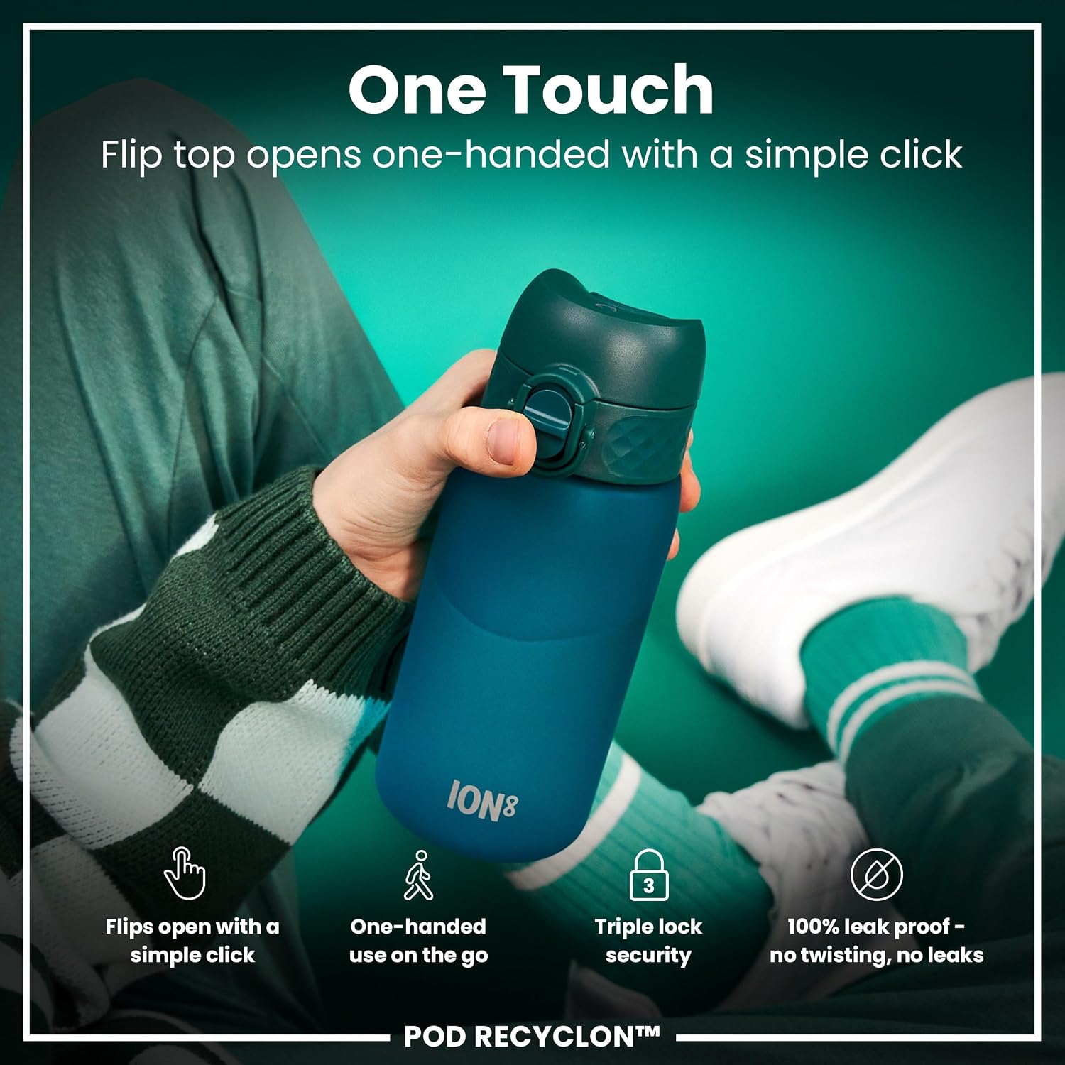 Detalle de Ion8 Kids Water Bottle 350 ml – Leak Proof, Easy Open Flip Lid & Carbon Neutral