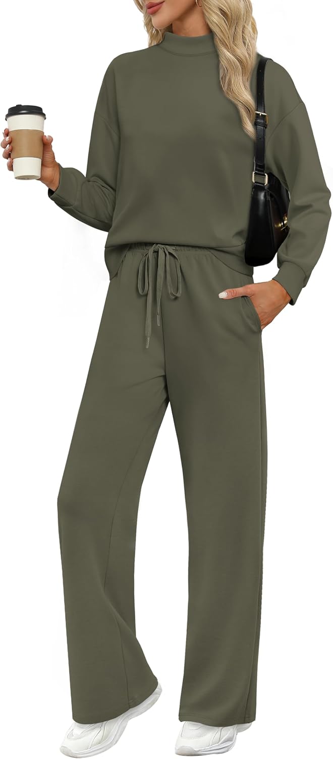 Detalle de WIHOLL Two-Piece Lounge Set for Women (Mock Neck Top + Wide-Leg Pants)
