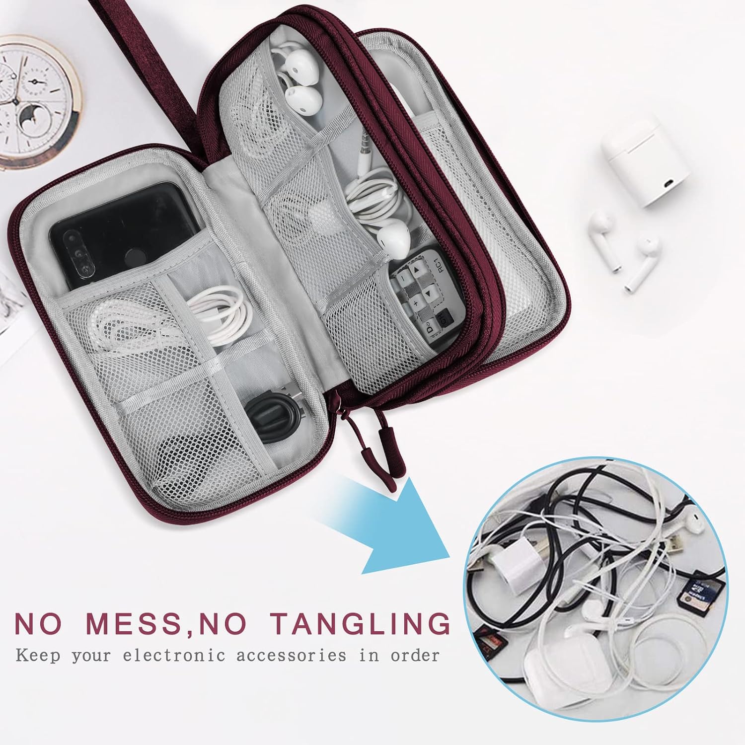 Detalle de Skycase Kabeltasche Doppel – Tragbare Organizer-Tasche für Elektronikzubehör, 2 Fächer, wasserdicht, kompakt