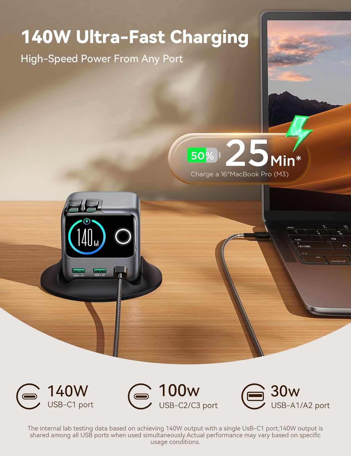 Thumbnail 1 de Station de recharge JOYROOM PODIX 5‑in‑1 140W GaN avec écran 1,54" et double câble rétractable 100W