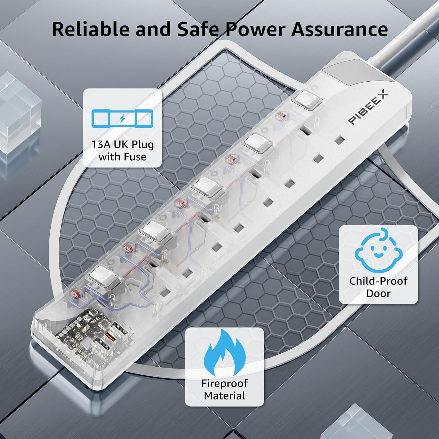 Thumbnail 4 de 10m Extension Lead with USB‑C (20W PD) and 4 Way Multi‑Plug – 13A Fused UK Plug with Individual Switches