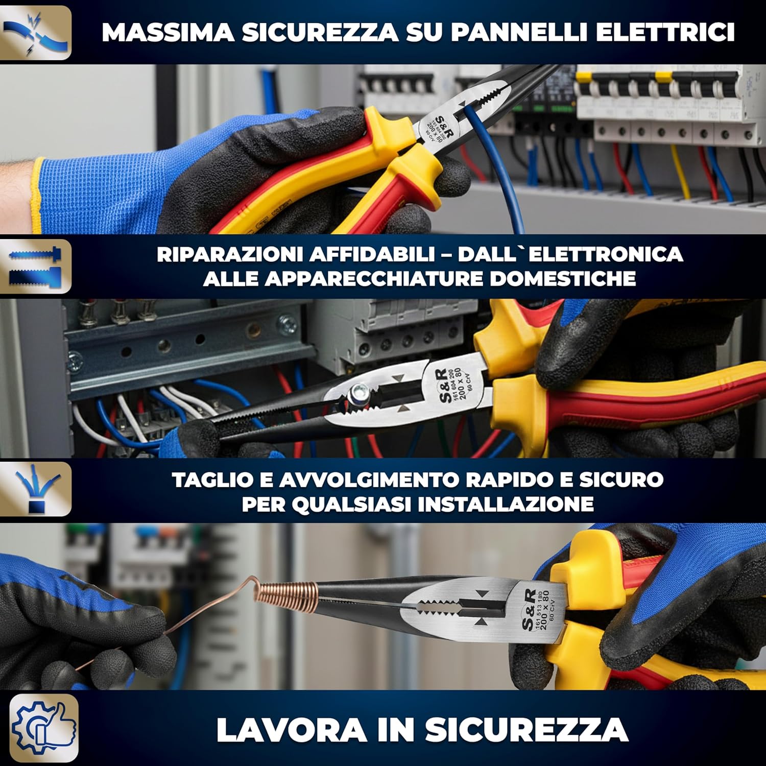 Thumbnail 5 de S&R Pinze a becco lungo certificate VDE – Pinza elettricista 210 mm in acciaio cromovanadio fosfatato