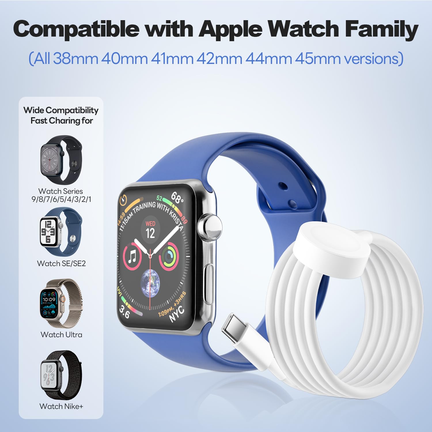 Detalle 2 de WeiShip USB‑C Apple Watch Charger Cable (2‑Pack, magnetic, 3ft + 3ft/white) for Series 1–11, SE & Ultra