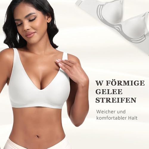 Detalle 2 de Jiuday Tiefer V Push Up BH Damen ohne Bügel – bequemer Jelly BH, nahtlos und starker Halt (Weiß, Größe L)