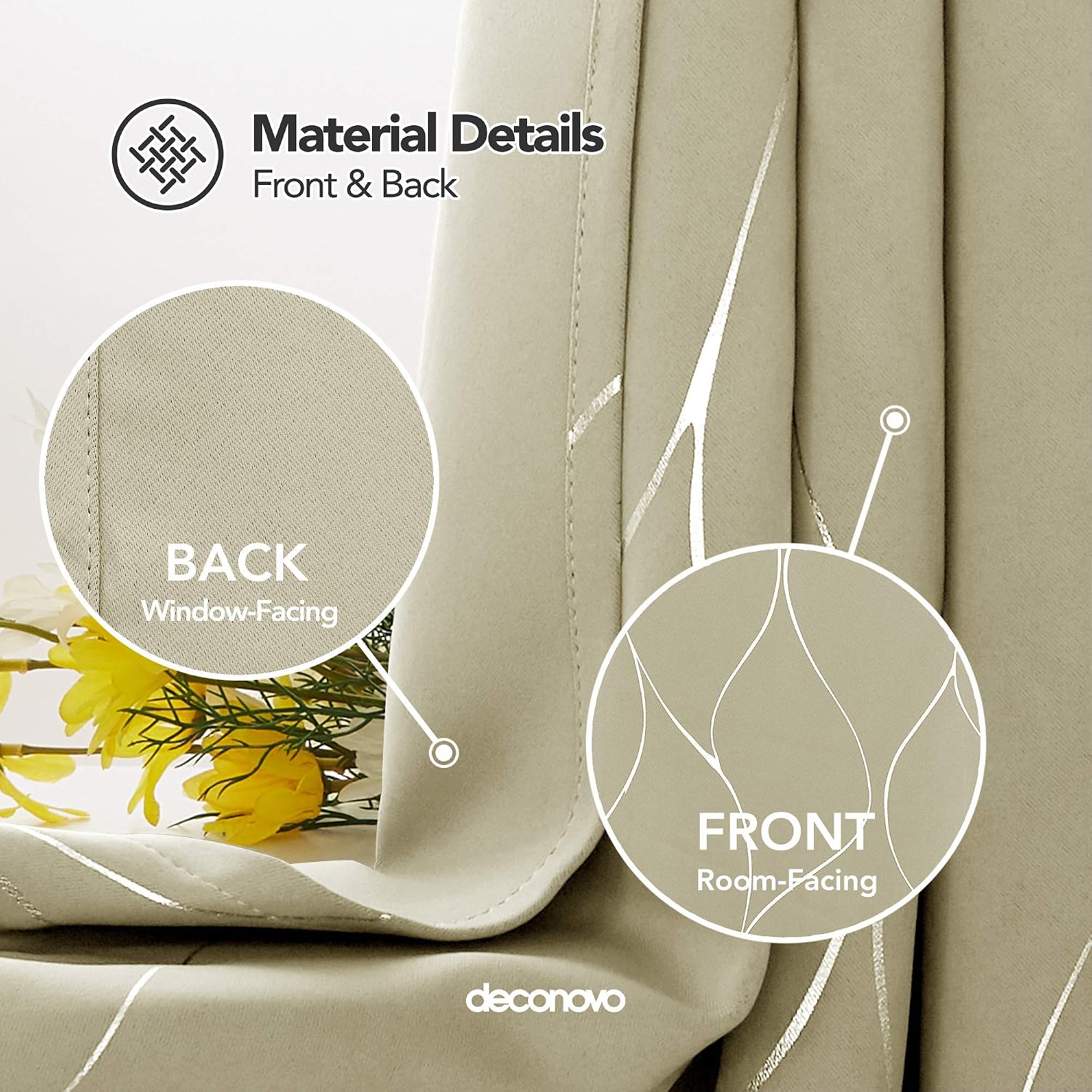 Detalle de Deconovo Silver Wave Foil Printed Blackout Curtains, 66x72 Inch, Beige, One Pair