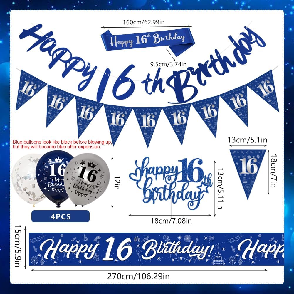Thumbnail 2 de 16th Birthday Decorations Navy Blue & Silver 9ft 🎉