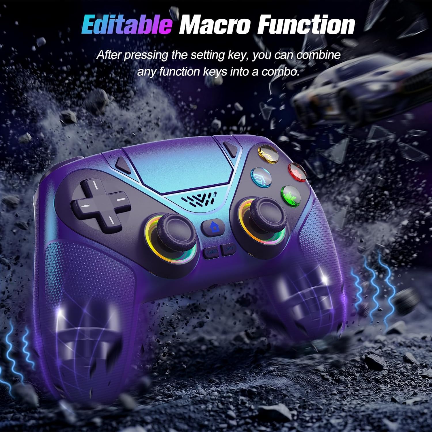 Detalle 2 de Dinosoo RGB Wireless Controller for PS5/PC – Turbo, Macro, Dual Vibration, 6-Axis Motion, 3.5mm Audio Jack & 1000mAh Battery