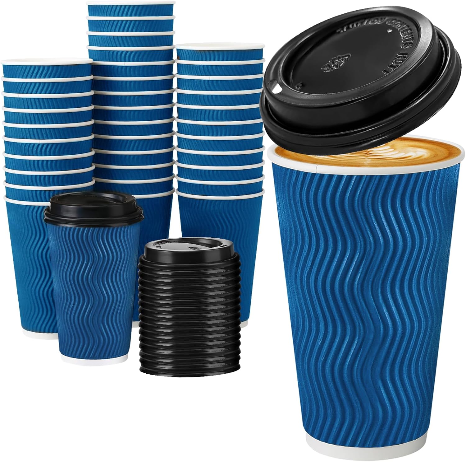 Detalle de Huifany 16 oz Disposable Coffee Cups with Lids (50 Pack) – Navy, Insulated, Leak-Proof To-Go Cups