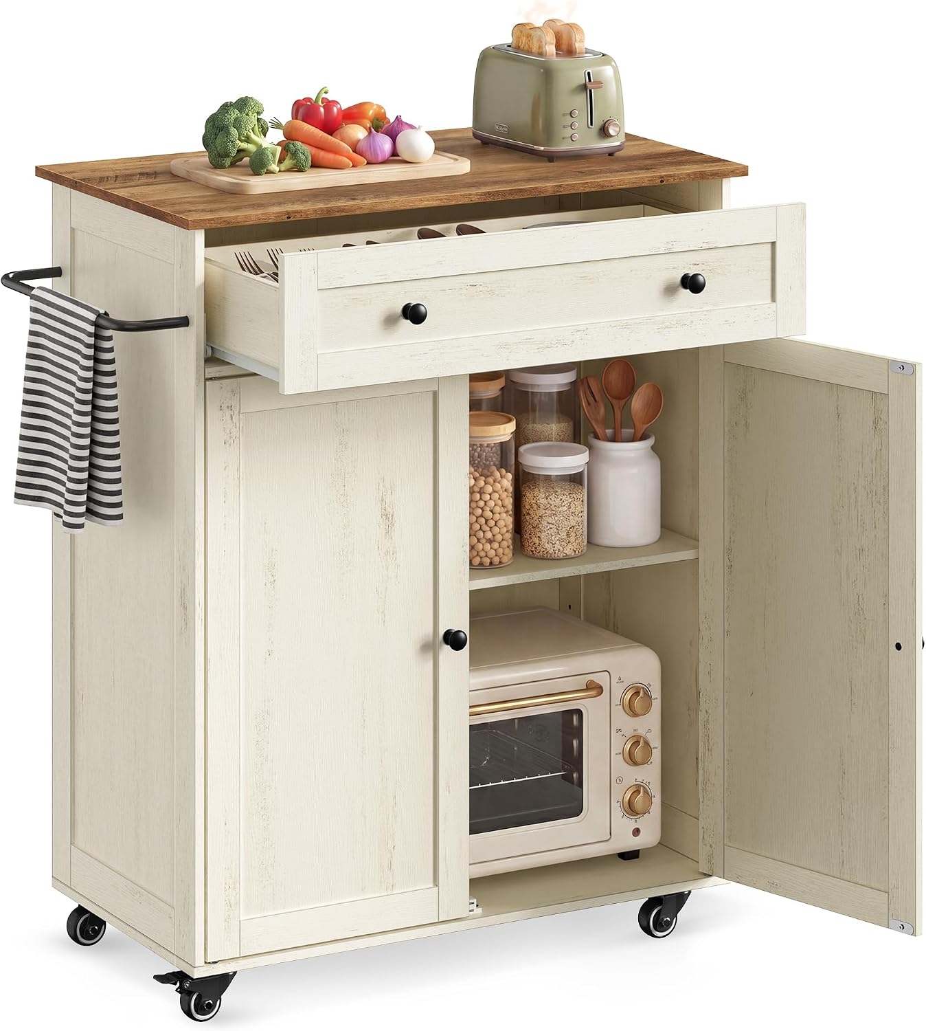 Detalle de VASAGLE SIREN Collezione: Isola da Cucina con Piano di Lavoro 40 x 78,5 x 89,2 cm in Bianco Rustico e Marrone Miele (KKI009WJ01)