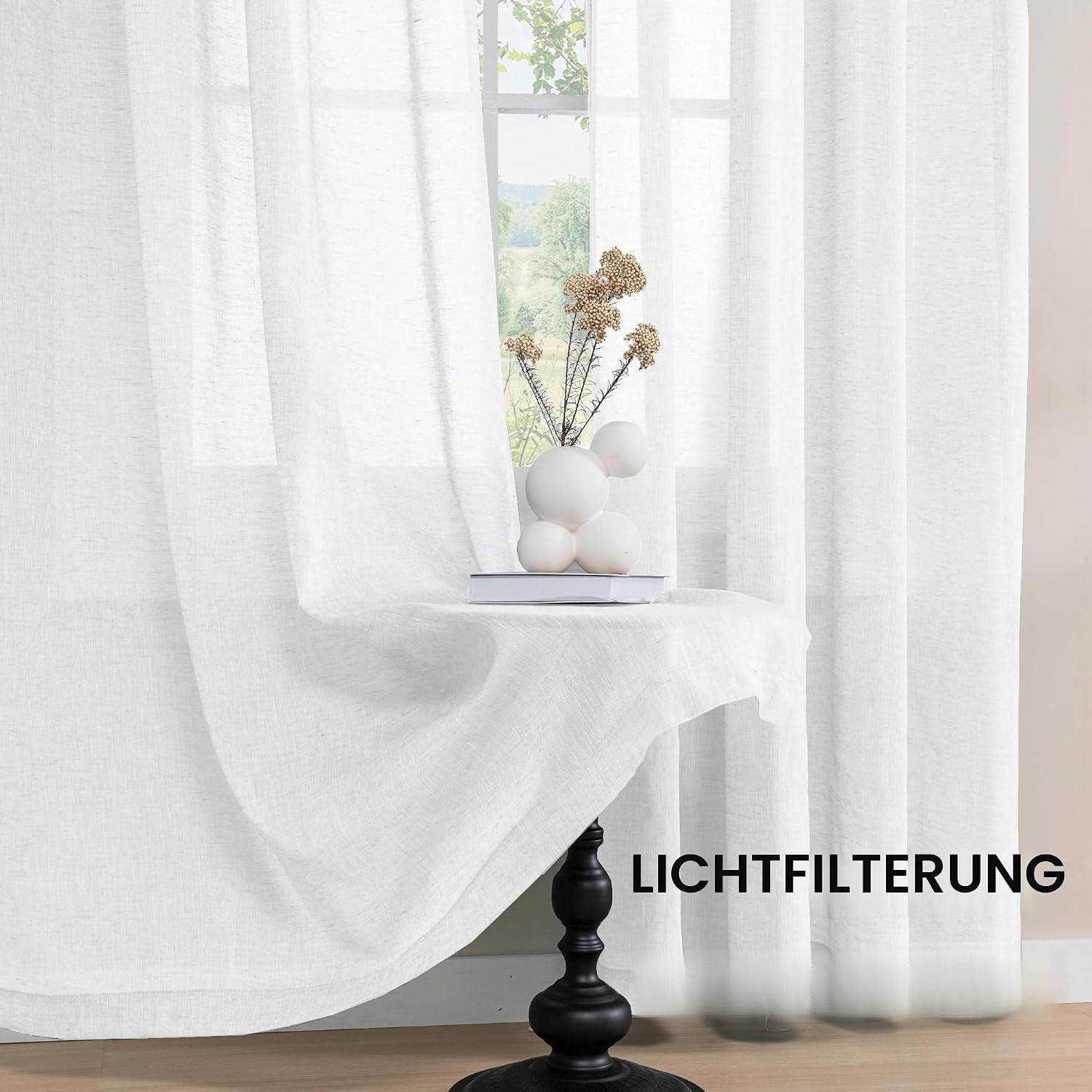 Detalle de BellaHills Gardinen Leinenoptik Kurz Vorhänge – Leinenstoff, Halbtransparent, Weiß, 2er Set (145x140 cm)