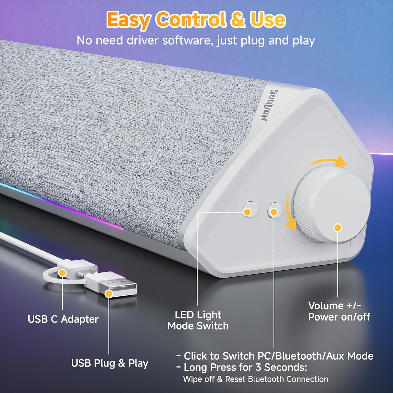 Thumbnail 5 de SOULION R60 White: USB‑Powered Bluetooth 5.3 Soundbar for Desktop and More
