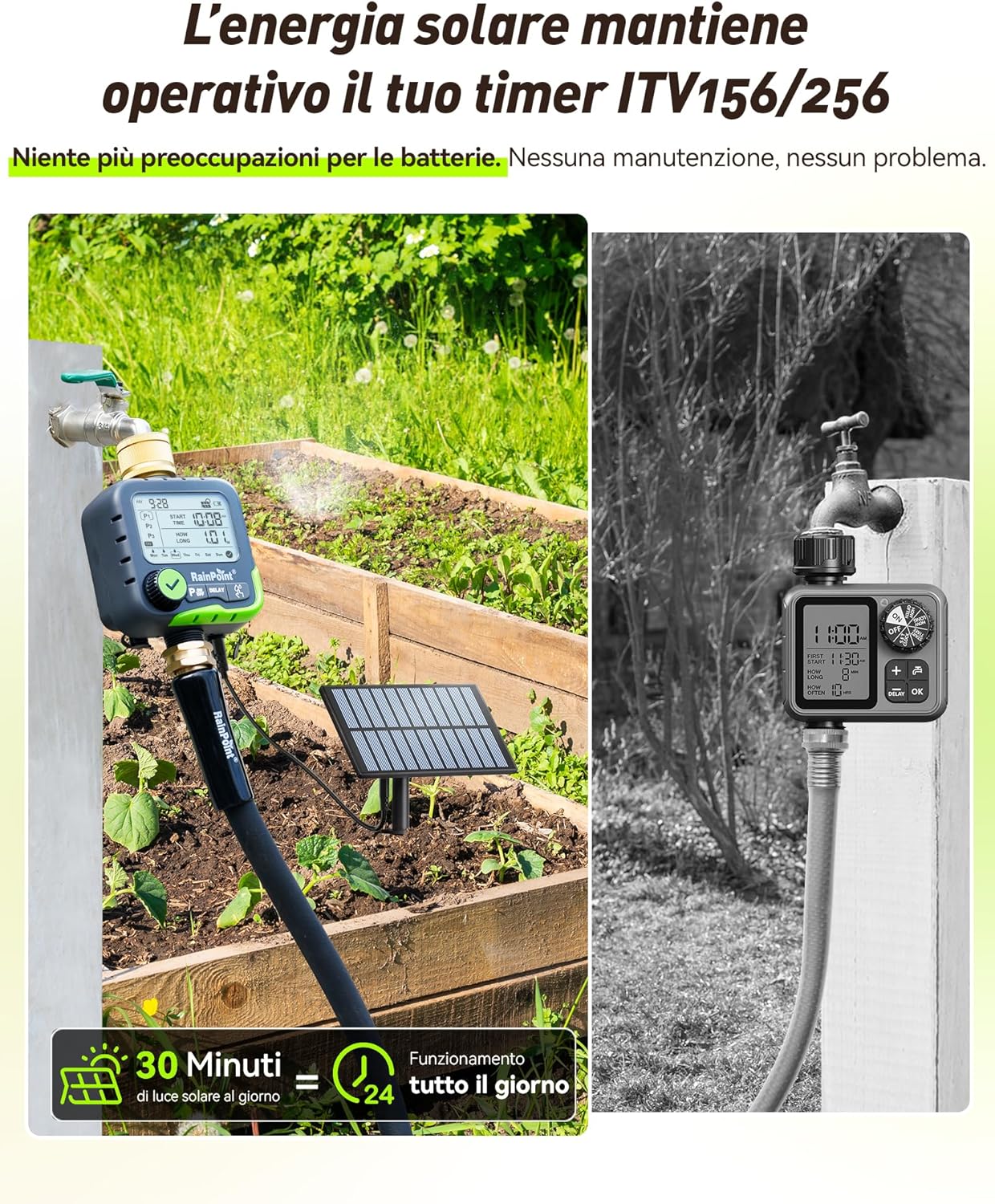 Detalle de RAINPOINT ITV156 Timer Irrigazione Kit Solare: Timer rubinetto da giardino con pannello solare e 2 batterie ricaricabili