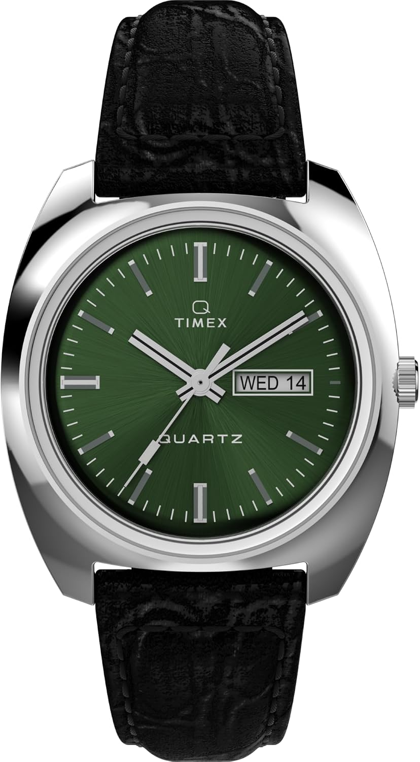 Detalle de Timex TW2W44700ZV Q Timex 1978 Reissue Watch, Green Dial, Leather Strap
