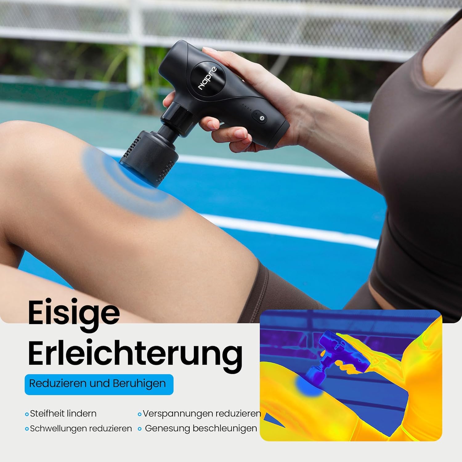 Thumbnail 4 de NAPRE 3-in-1 Mini Massagepistole mit Wärme & Kälte, abnehmbare Verlängerung, ultra-leise, 5 Köpfe & Koffer