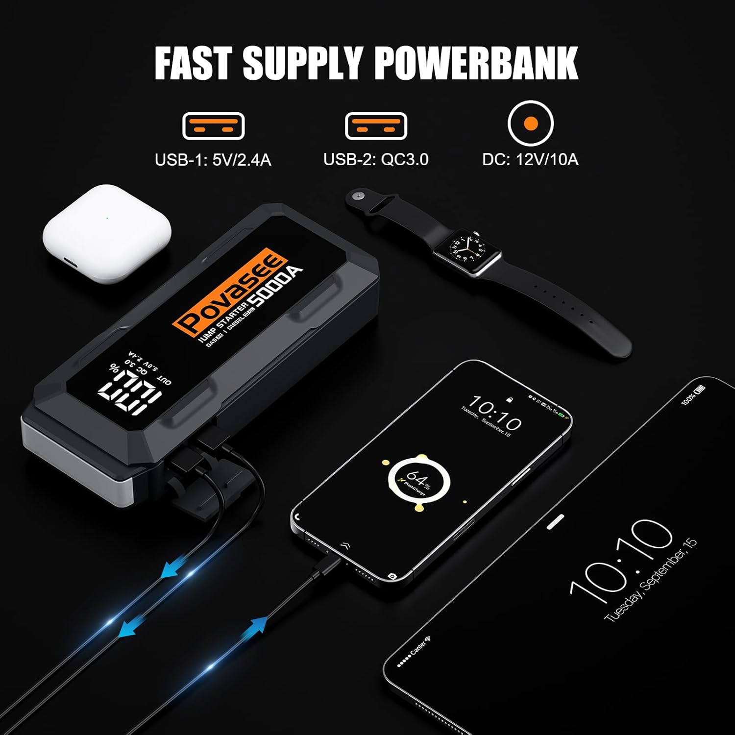 Detalle 2 de Povasee 5000A Starthilfe Powerbank für 12V Fahrzeuge