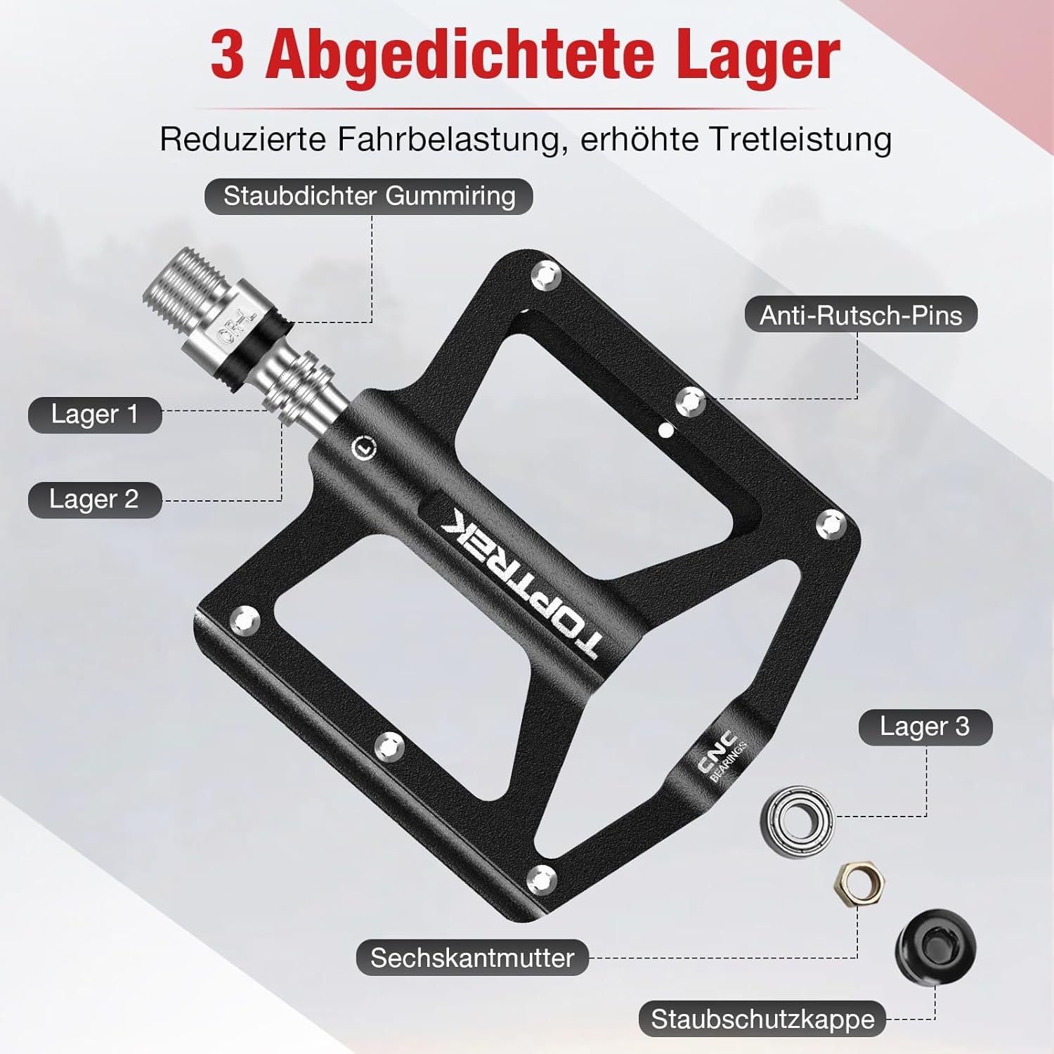 Detalle de toptrek CNC-Aluminium Fahrradpedale (MTB/9/16 Zoll) mit 3 abgedichteten Lagern und rutschfesten Pins