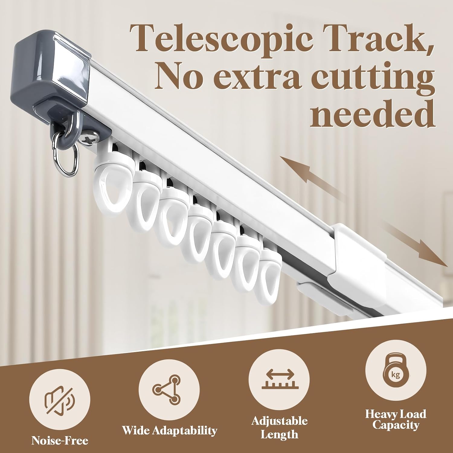 Detalle de Pealybora Telescopic Curtain Track, Ceiling-Mount Aluminium Rail, Hooks, 3.2-7.8 FT