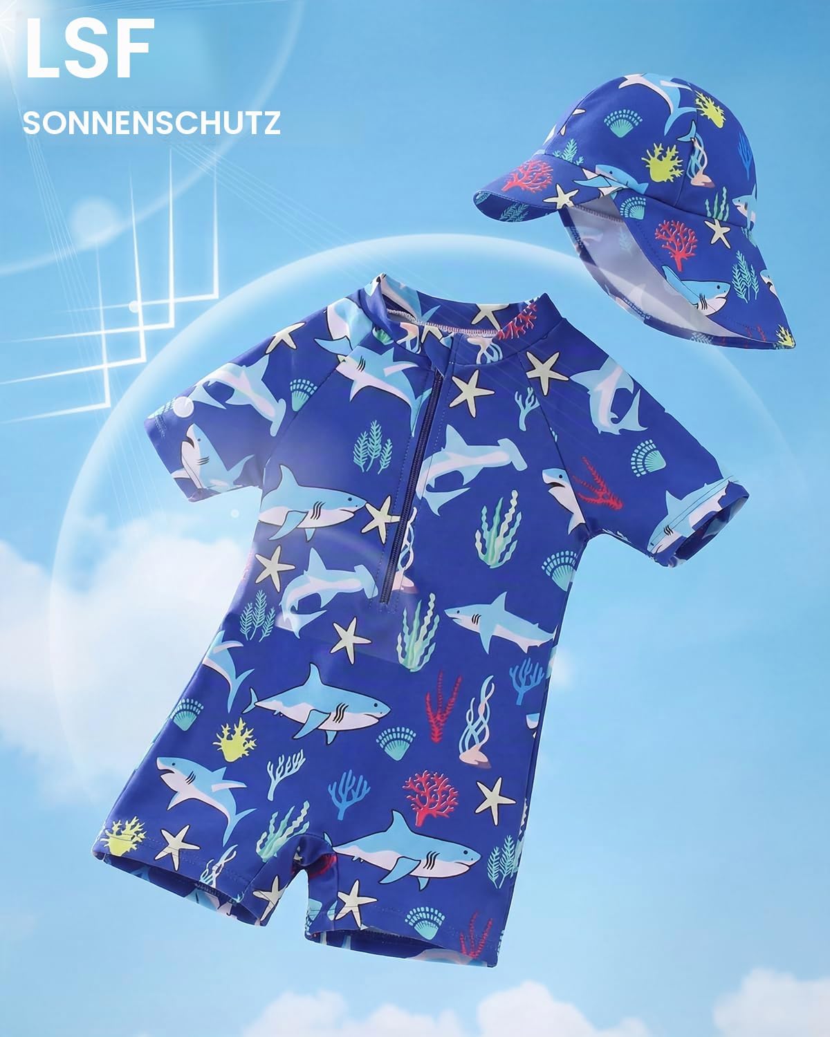 Detalle de JiAmy Baby Badeanzug Einteiler kurzarm mit UV-Schutz und Mütze (3 Monate–3 Jahre)