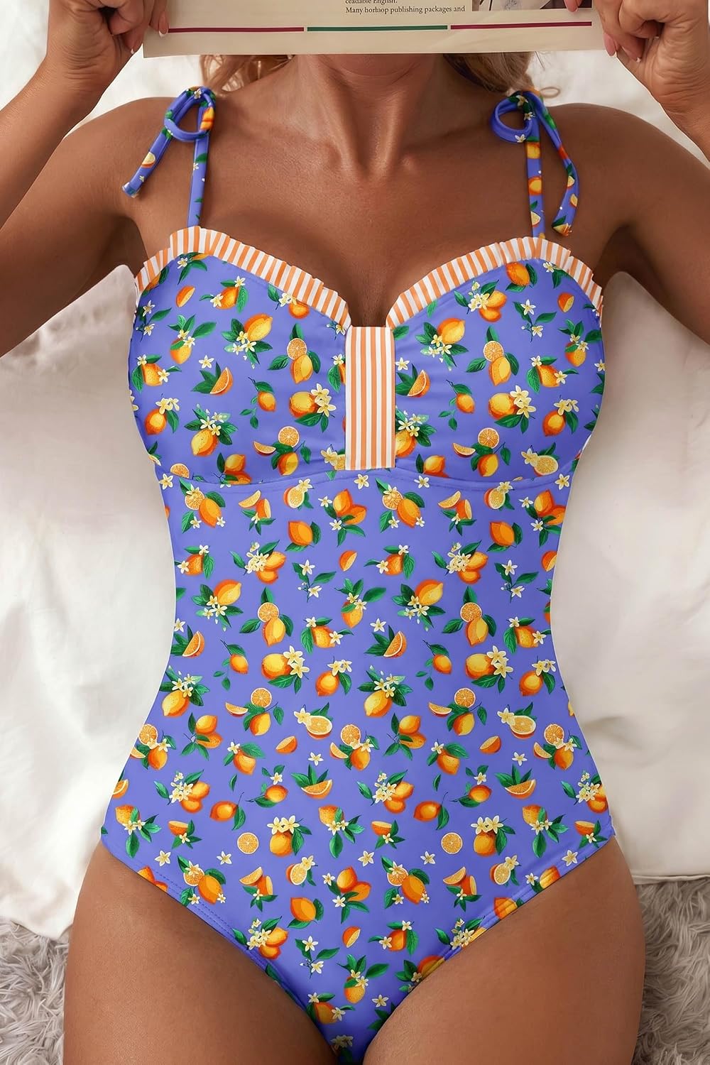 Detalle de Herseas Women’s Striped One Piece Swimsuit with Tie Shoulder and High Cut | 2026 Summer Swimwear