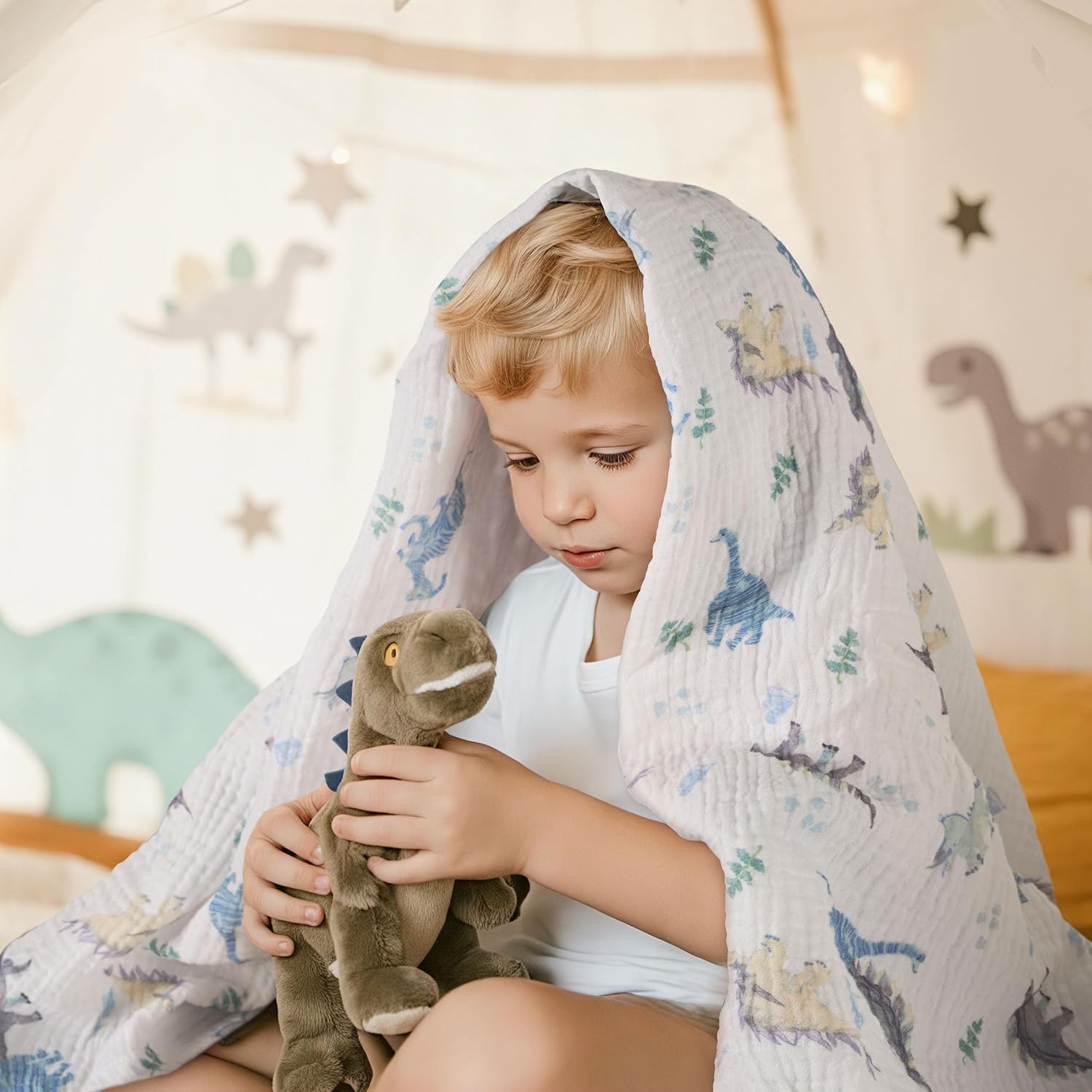 Detalle 2 de Soarwg Kids Muslin Swaddle Baby Blanket (Pack of 3) – 95 x 100cm Dinosaur Print