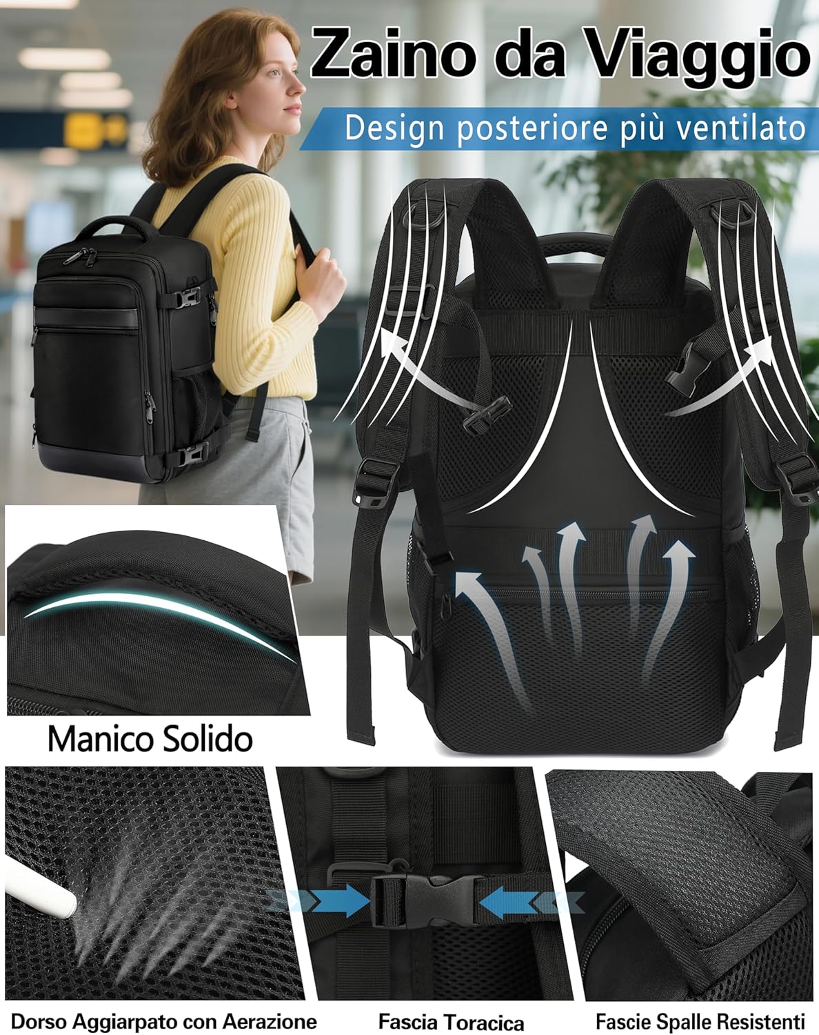 Thumbnail 4 de KLOSTAIN Zaino Ryanair 40x30x20 24L con porta computer fino a 15,6" Nero