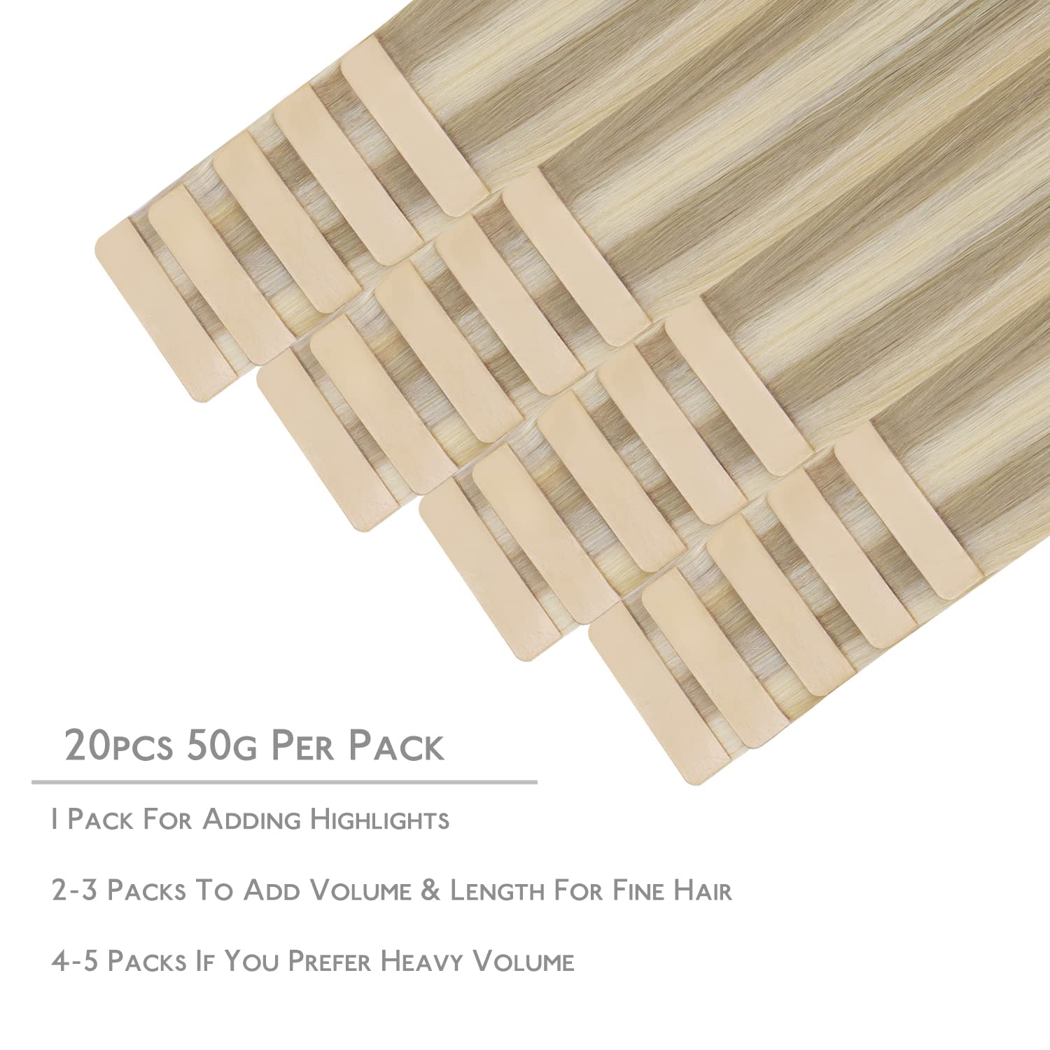 Detalle de WENNALIFE Tape Extensions aus Remy-Echthaar, 20 Stk. (50 g), 35 cm – Aschblond bis Platinblond