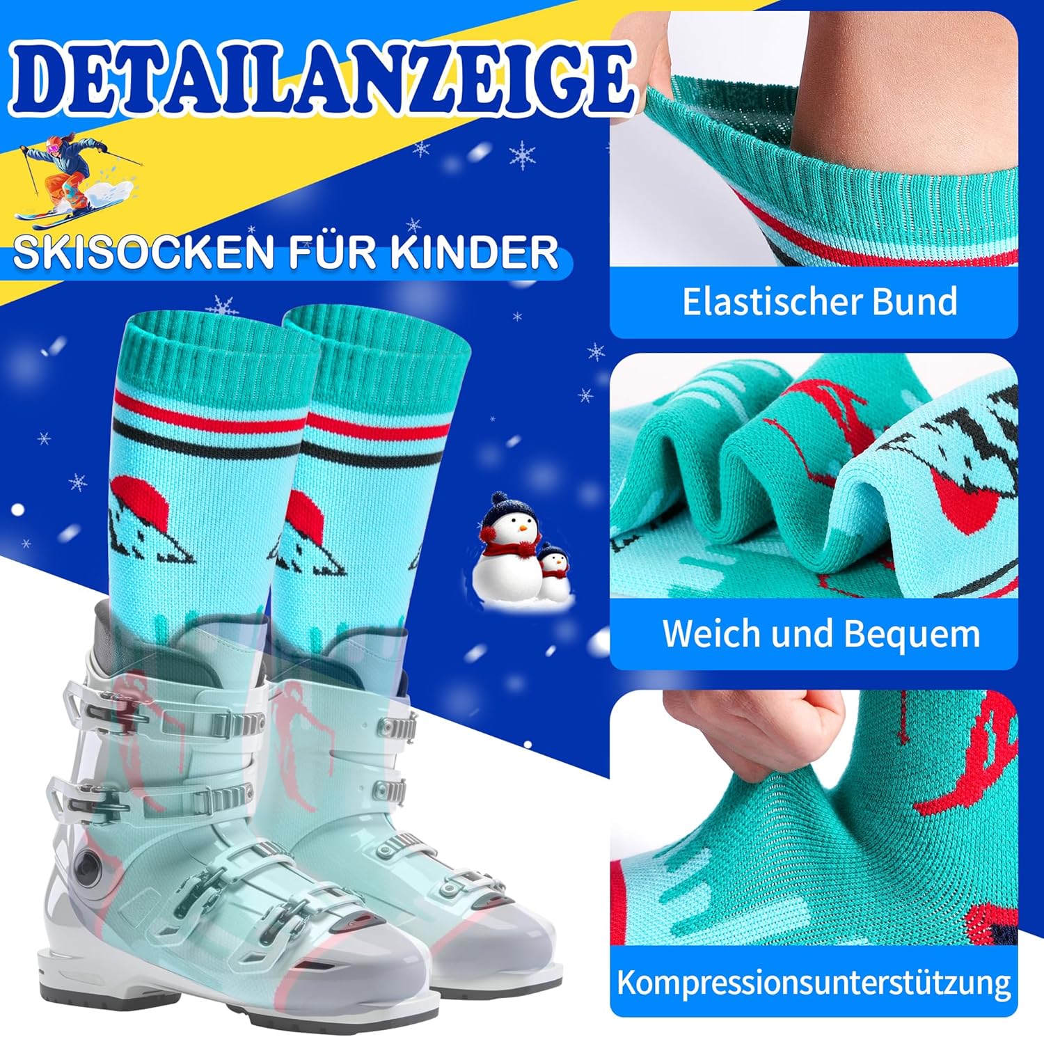 Thumbnail 1 de ELUTONG Kinder Skisocken (2 Paar) für 3–10 Jahre – warme Thermo-Socken mit Sonnenaufgangs- und Schneemannmotiven