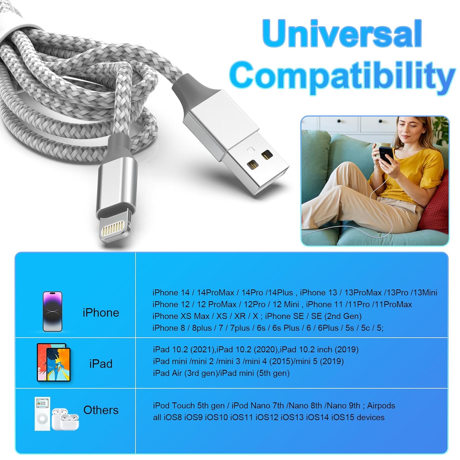 Thumbnail 5 de Powerole iPhone Charger Cable (4 Pack, 6FT) MFi-Certified USB to Lightning