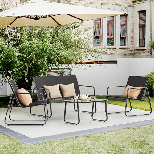 Thumbnail 6 de Bealife conjunto de muebles de jardín de 4 piezas (3 sillones + mesa de vidrio) en tela Teslin, negro