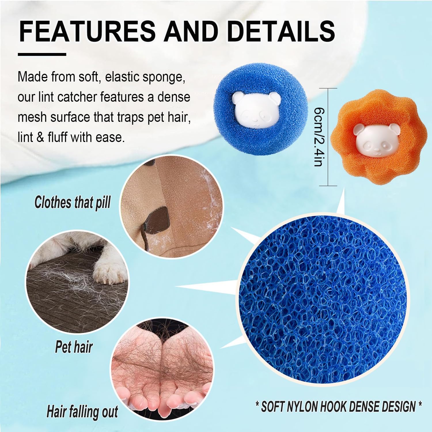 Detalle de Anti Poil Machine à Laver – Boule réutilisable 8 pièces, attrape-poils pour éliminer les poils de chat et de chien