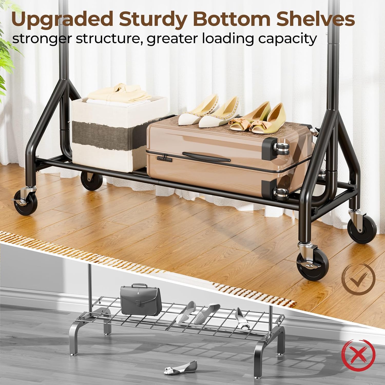 Detalle 1 de HYSEYY YS-K 1302B Heavy-Duty Rolling Clothes Rack with Extendable Rail