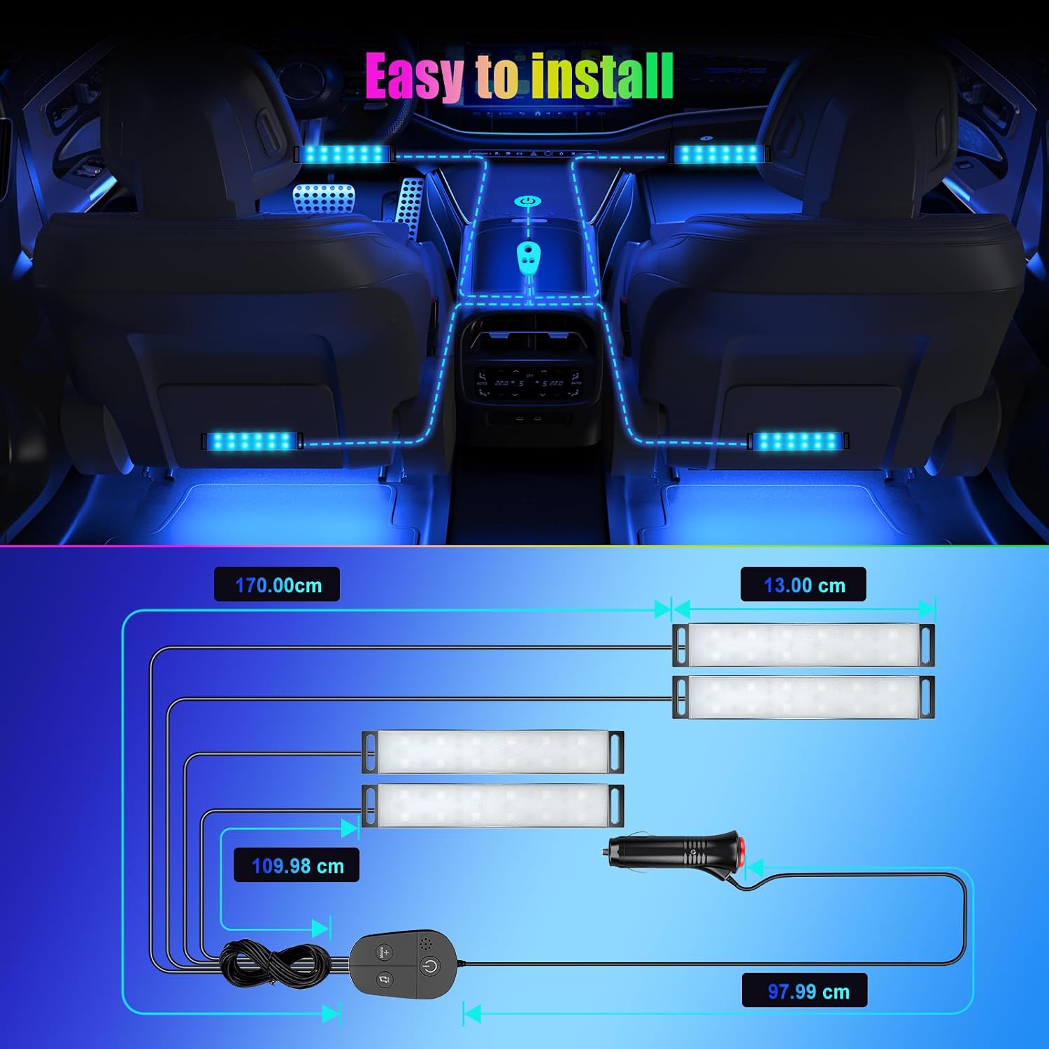 Detalle de YiLaie Car LED Interior Lights (DC 12V) with APP control, music sync and 16 million colours
