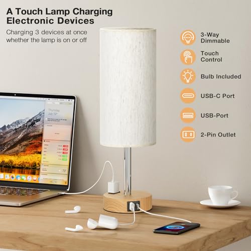 Thumbnail 6 de Fenmzee Bedside Table Lamp with Dimmable Touch, USB A+C, and AC Outlet