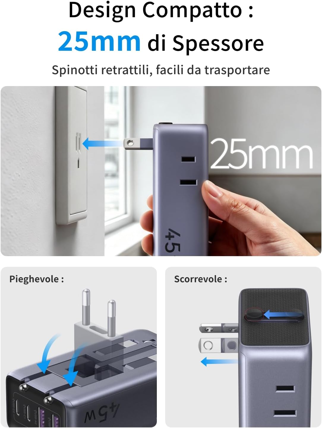 Detalle de UGREEN 6 in 1 Adattatore Universale da Viaggio PD 45W – 2 prese AC, 4 porte USB, compatibile con oltre 200 paesi