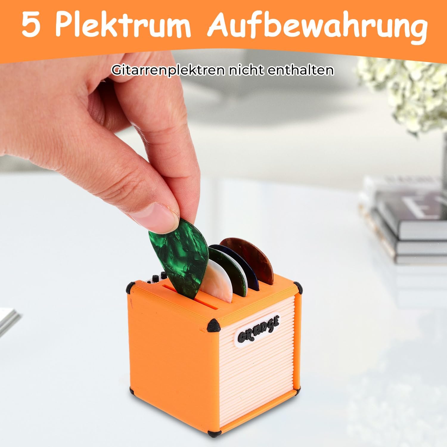 Detalle 2 de LUMIREX Gitarren Plektrum Halter – Plektrum Box mit Orange Lautsprecher Design
