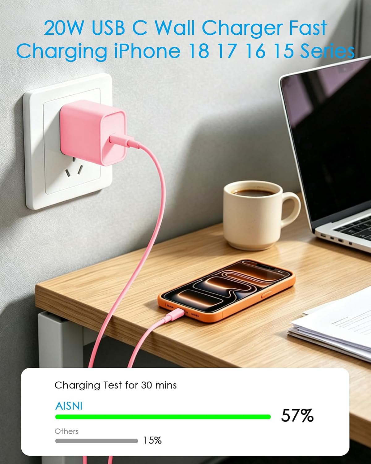 Detalle 2 de AISNI CA-43T USB-C Charger 3-Pack, 20W Adapters, 6 ft Cables, Light Pink