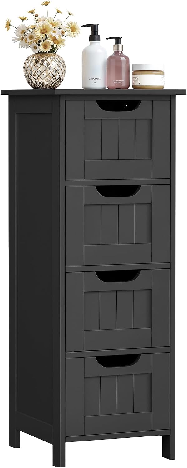 Detalle de VASAGLE Mobile da Bagno LHC040B01 con 4 cassetti e stile moderno nero inchiostro, 30 x 30 x 82 cm